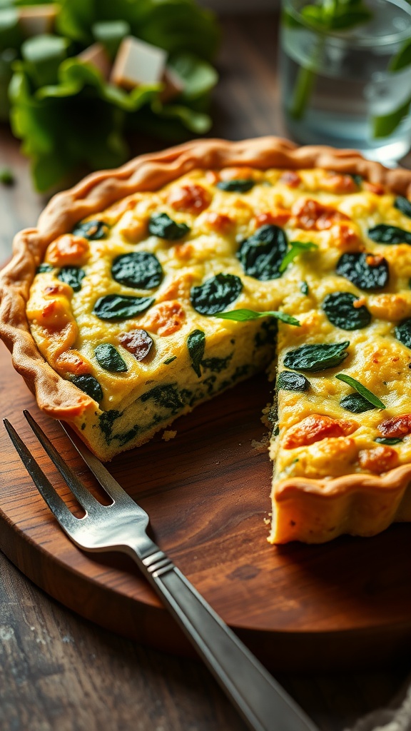 A golden-brown spinach quiche sliced into wedges, revealing creamy filling, set on a wooden table with fresh herbs.